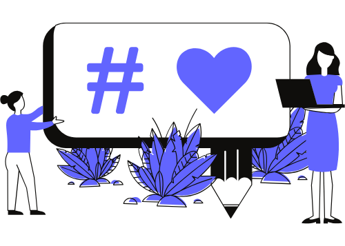 Personas alrededor de una pantalla con un hashtag y un corazón, simbolizando la interacción en redes sociales y el marketing digital